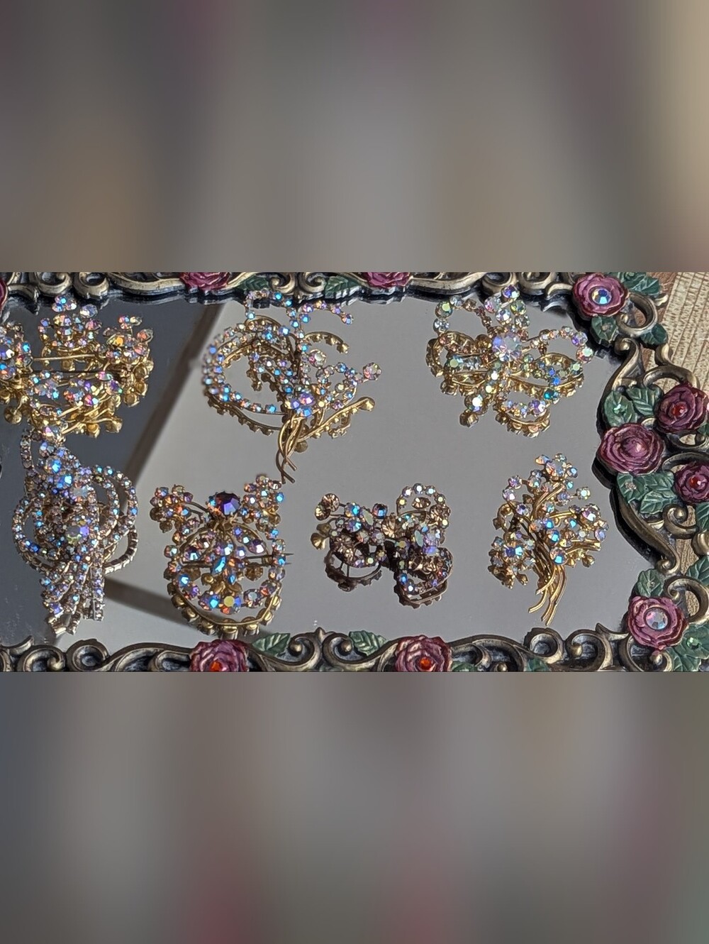 Vintage Austrian Crystal Aurora Borealis Floral Brooch Set - Women Jewelry
